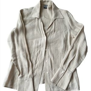 Studio 148 Linen Blend Pinstripe Flare Sleeve Collared Blouse